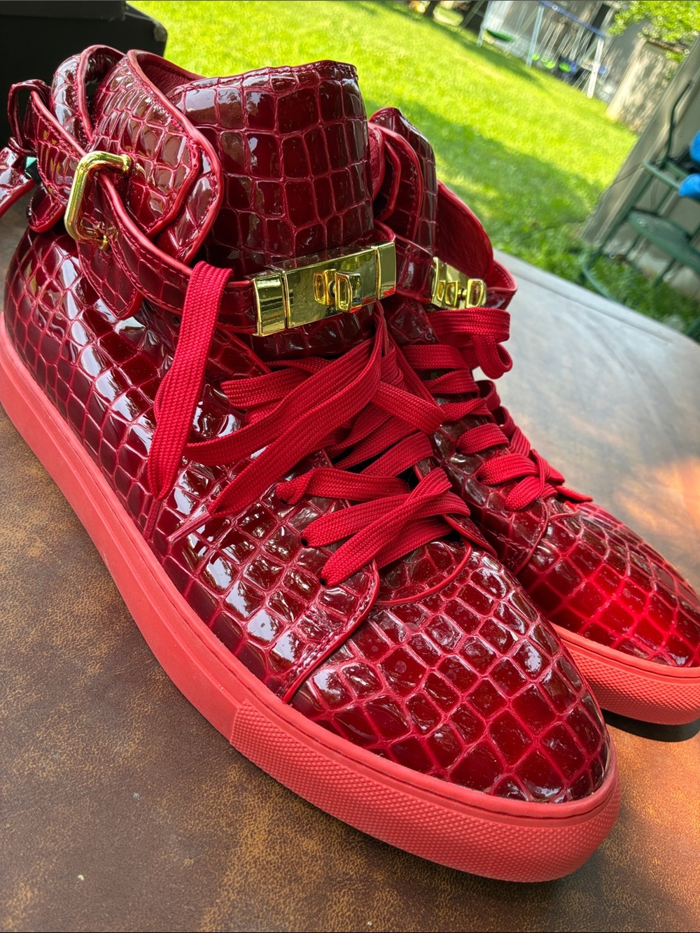 Red Croc-Embossed High-Top Sneakers with Gold Hardware